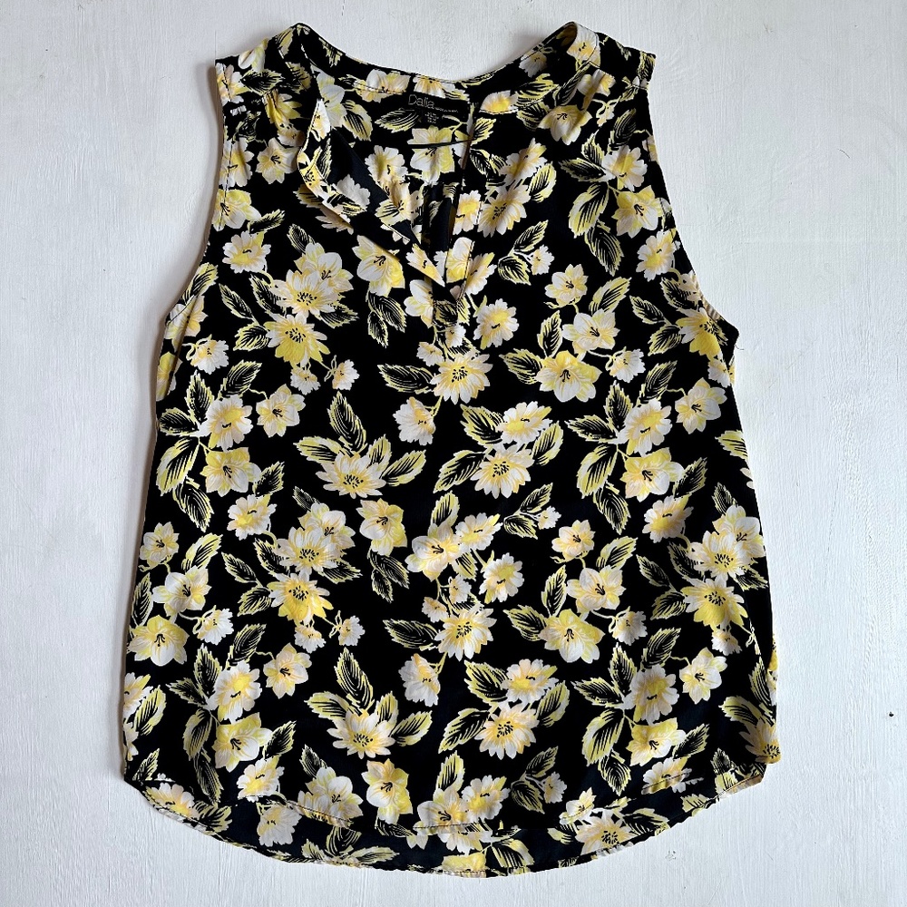 Dalia Yellow & Black Floral Sleeveless Blouse